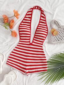 Soleia 女士度假白色针织纹理波浪图案深V领露背性感连体衣，时尚修身，适合派对、约会、下午茶、波西米亚风度假、海滩、夏季穿着 - 紅白色 - 查看 6