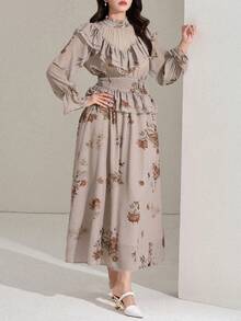 DAZY Women's Elegant Floral Print Ruffle Hem Top And Skirt 2-Piece Set - Pink - View 5