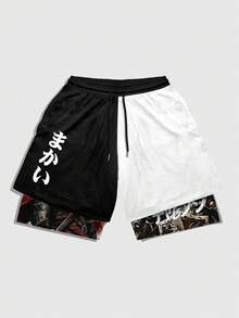 ROMWE MEN Anime Pantalones cortos de verano versátiles con cintura elástica y cordón en contraste de color - Multicolor - Ver 3