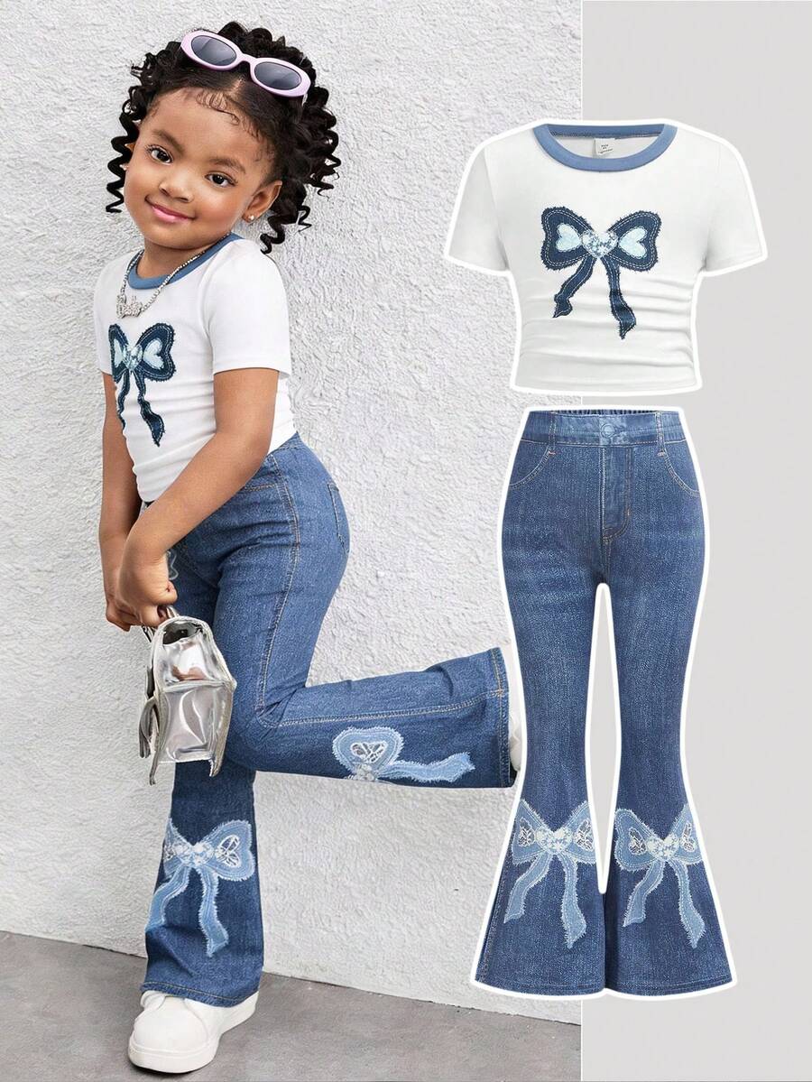 2pcs Young Girl Set: Black Round Neck Knit T-Shirt And Slim Fit Casual Pants,Streetwear Casual Game Day  Back To School - Multicolor - View 1