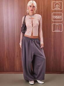 COUREZ Low Rise Oversized Joggers With Elastic Hem Cuff /Y2K Going Out Outfits  Women Clothes  Clothes Cute Spring Clothes For Women Wide Leg Pants Tracksuit Rave - Brown - View 1