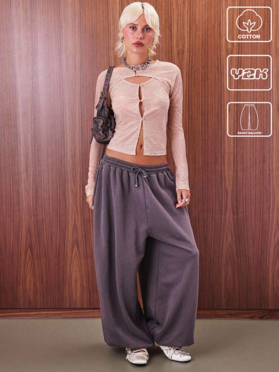 COUREZ Low Rise Oversized Joggers With Elastic Hem Cuff /Y2K Going Out Outfits Women Clothes Clothes Cute Spring Clothes For Women Wide Leg Pants Tracksuit Rave - Brown - View 1