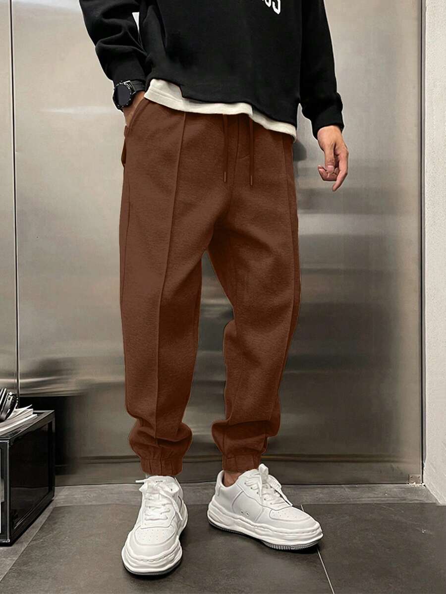 EURMUSE Cotton Men Solid Slant Pocket Sweatpants - Camel - View 1