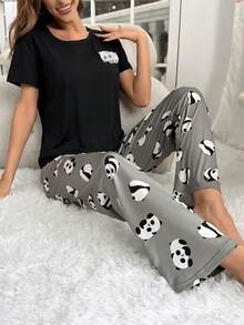 SHEIN 熊猫卡通女式睡衣套装，短袖长裤 - 黑色 - 查看 6