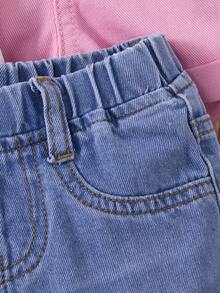 SHEIN 3pcs/Set Baby Girl Blue, White, Pink Denim Shorts,Spring, Summer,Casual And Fashionable Vacation,Street Wear,2000s Style, Comfortable And Soft Denim,Baby Girl Denim Shorts,Vacation,Vacation Shorts - Multicolor - View 5