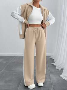 EURMUSE Women Contrast Color High Neck Zipper Detailed Sweatshirt And Sweatpant - Beige - View 3