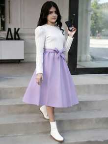 SHEIN 1pc Teen Girls Elegant Long Sleeve Ribbed Knit White Top Patchwork Lavender Skirt,Modest Crew Neck Autumn Dress For Party,Sweet & Ladylike Style - Mauve Purple - View 1