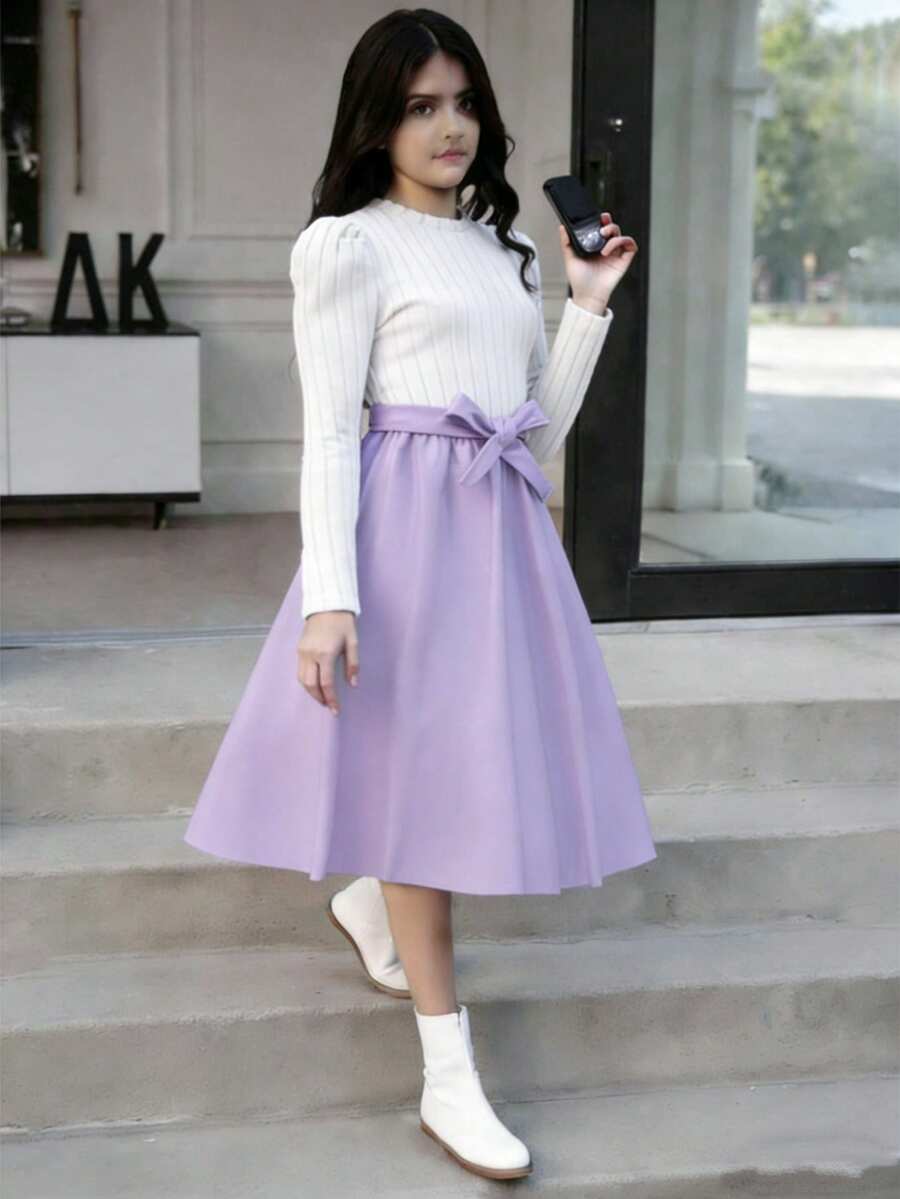 SHEIN 1pc Teen Girls Elegant Long Sleeve Ribbed Knit White Top Patchwork Lavender Skirt,Modest Crew Neck Autumn Dress For Party,Sweet & Ladylike Style - Mauve Purple - View 1