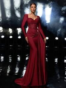 Glamrae 优雅奢华的串珠亮片拼接弹力针织美人鱼长裙，长袖设计，适合婚礼、派对、度假、盛大晚宴和正式场合。 - 酒紅色 - 查看 6