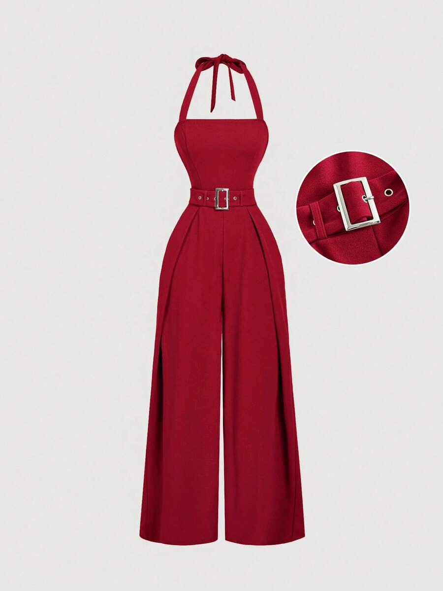 SHEIN MOD Bộ jumpsuit nữ mùa hè phong cách thường ngày, giản dị, màu trơn, có khóa cài, thắt lưng, cổ yếm, ống rộng. - Đỏ - Xem 1