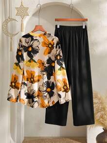 Rusticease 2pcs Women Floral Print Front Button Long Sleeve Shirt And Pants Set,Winter Clothes For New Year Outfit Elegant Women's Sets Casual Ladies Blouse - Multicolor - View 2