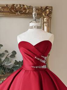 Lovelzi Elegant Blue Strapless Sweetheart Neckline Ruched Front Luxurious Rhinestone Embellished A-Line Peplum Hem Adjustable Tie Back Formal Gown - Burgundy - View 7