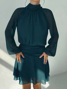 Aloruh Elegant Solid Color Mock Neck Bishop Sleeves Dress, Casual & Party Wear - Teal Blue - View 7