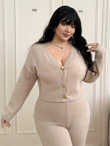 Comfortcana Conjunto informal de 2 piezas de talla grande para mujer, compuesto por un cárdigan de punto de manga larga con hombros caídos y pantalones de punto, para otoño/invierno - Caqui - Ver 11