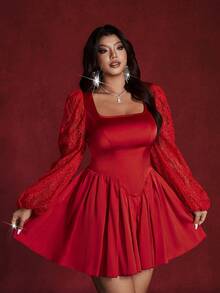 Viva Relle Plus Size Elegant Contrast Lace Square Collar Waist Cinched Dress, Autumn