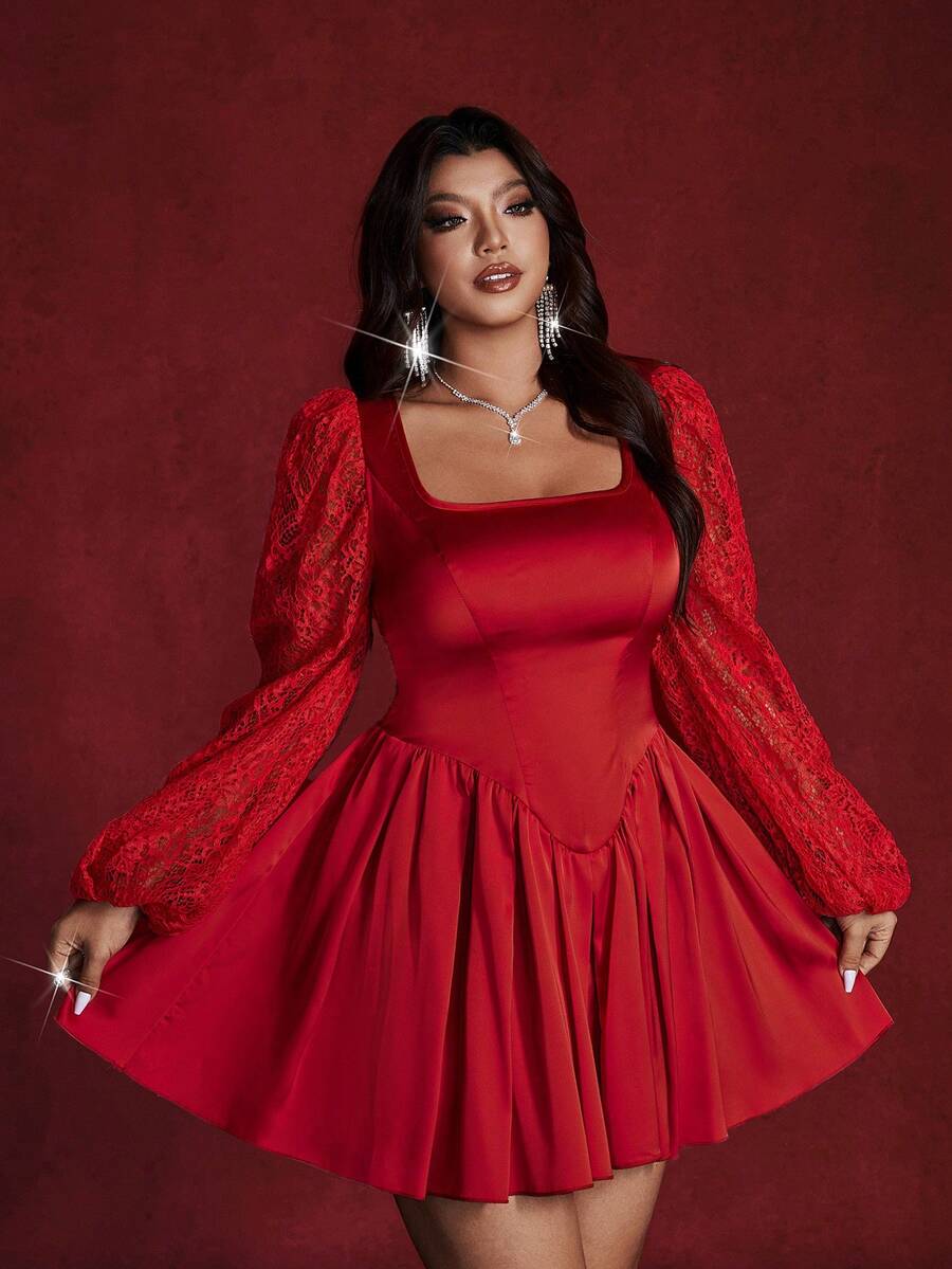 Viva Relle Plus Size Elegant Contrast Lace Square Collar Waist Cinched Dress, Autumn