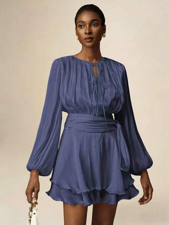 Vesra 杏色系带长袖荷叶边下摆设计女式短款连衣裙