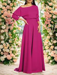 Vestido Largo Elegante Para Dama – Corte Off Shoulder, Manga Asimétrica, Cintura Alta Estilizada y Falda Fluida Tipo Gala - Rosa Fucsia - Ver 3