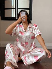 Dream Adore Cherry Blossom Bow Print Pocket Short Sleeve & Long Pants Plus Size Women Pajama Set - Champagne - View 3