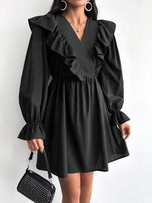 EURMUSE Ruffle Trim Flare Sleeve Dress - Black - View 4