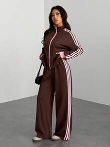 SHEIN PETITE Women's Contrast Stripe Jacket And Pants 2 Pieces Set Brown 2 Pieces Set Tracksuit Women Set 2 Pieces Lounge Sets Woman,Cozy Fall And Winter Clothes For Women - Brown - View 2