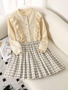 Elladie kids Tween Girls Fashionable Sweet School Style Floral Ruffle Long Sleeve Top Paired With Plaid Pleated Skirt, Casual Minimalist Apricot Jacket Set - Apricot - View 8