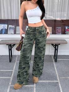 SHEIN EZwear Quần jeans ống rộng nữ kiểu dáng thường ngày, họa tiết rằn ri, có túi nắp, phù hợp cho việc đi lại hàng ngày. - xanh quân đội - Xem 5