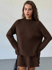 Aloruh Women's Stand Collar Raglan Sleeve Loose Pullover Sweater And Mini A-Line Skirt 2-Piece Set, Vintage Style Knit Outfit For Daily Wear - Coffee Brown - View 5