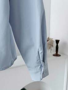 SHEIN Tween Girls' Casual Fashionable Versatile Woven Solid Color Back Slit Bow Decor Turndown Collar Long Sleeve Fitted Blouse, Back To School - Baby Blue - View 10