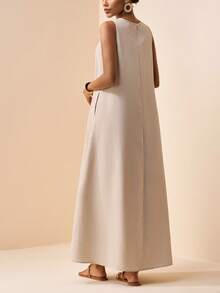 Zivah 2026春夏新款情人节、音乐节、复活节、西部风、波西米亚风、纳什维尔风格无袖宽松A字连衣裙，带真口袋，竹纤维面料，浅卡其色 - 卡其色 - 查看 3