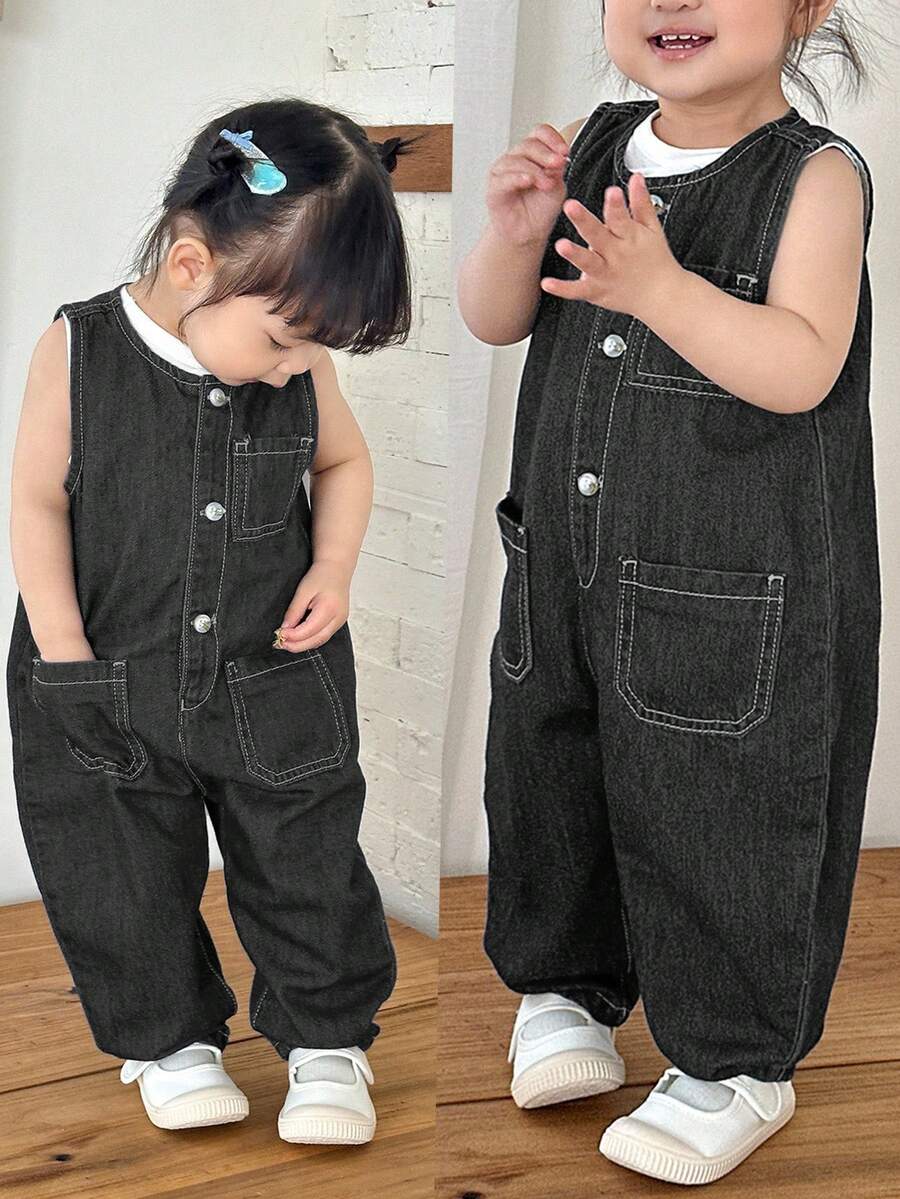 SHEIN 女婴深蓝色牛仔无袖白色条纹连体锥形裤 - 黑色 - 查看 1