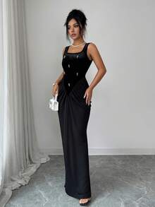 SHEIN Raffinéa Vestido largo de mujer elegante de terciopelo con parches y pliegues, adecuado para salidas y citas, primavera/otoño - Negro - Ver 5