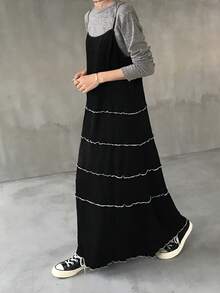 FRIFUL 女士拼接撞色条纹吊带背心层叠纹理喇叭宽松休闲百搭连衣裙 - 黑色 - 查看 2