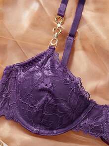 2pcs/Set Solid Color Sexy Lace Wireless Bra Set For Women - Purple - View 3