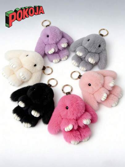 POKOJA LAND - BESTSELLERS 1-pack kaninnyckelring mjuk fluffig kaninnyckelring söt färgglad kaninpäls pom pom-ringar kvinnor hänge tillbehör söt födelsedagspresent för kvinnor/flickor, premium fuskpälsnyckelring