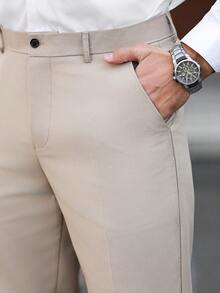Calvornis Men's Classic Khaki Plain Fabric Suit Pants With Zipper Closure - Khaki - View 6