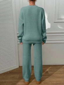 EURMUSE V Neck Sweater And Pant Casual Elegant - Mint Green - View 2