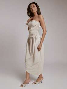 Hauture Women's Ruched Jersey With Side Slit Simple Elegant Sexy Daily Holiday Long Dress - Apricot - View 5