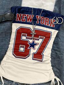 Attitoon 女士休闲抽绳系带露脐吊带背心，数字67印花，适合夏季穿着 - 彩色 - 查看 3