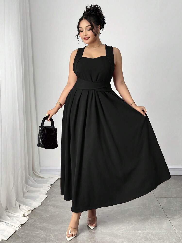 Modelyn Plus Size Maxi Knitted Textured Criss-Cross Tie Waist Flared Hem Vacation Dress, Spring/Summer Black Elegant Dress Curve Black Dress Plus Size - Black - View 7