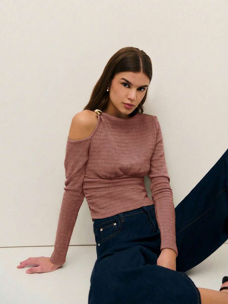 Nöista 镂空细节上衣，褶皱设计，时尚百搭，适合女士春假穿搭，夏季/春假派对穿着。 - 藕粉色 - 查看 1