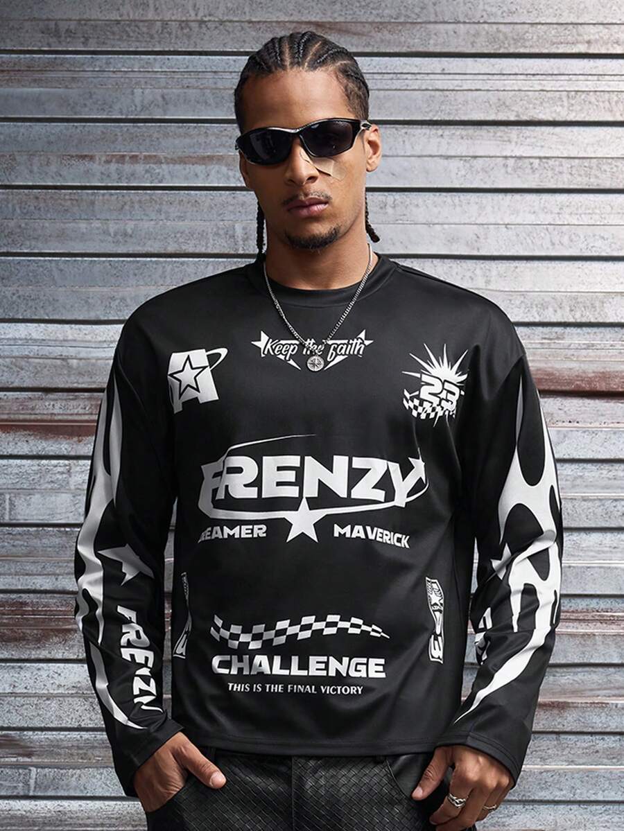 AXEPEAK Camiseta de manga larga de corte holgado con estampado de color contrastante para hombre - Negro - Ver 1