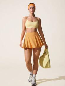 CourtClass Women's Solid Color Minimalist Casual Sports Skirt Swim Skort Yellow Tennis Skirt High Waist Skort Women Skorts - Yellow - View 6