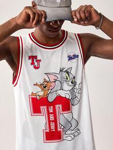 TOM & JERRY X SHEIN Men's Cartoon Pattern Contrast Trim Crew Neck Tank Top