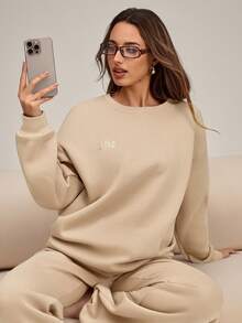 HautHeat 卡其色女士保暖内衬卫衣裤休闲家居服套装 冬季服装 - 卡其色 - 查看 4