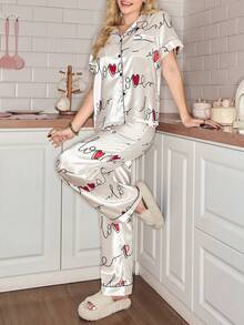 Heart Print Satin Short Sleeve Collar Women Pajama Set