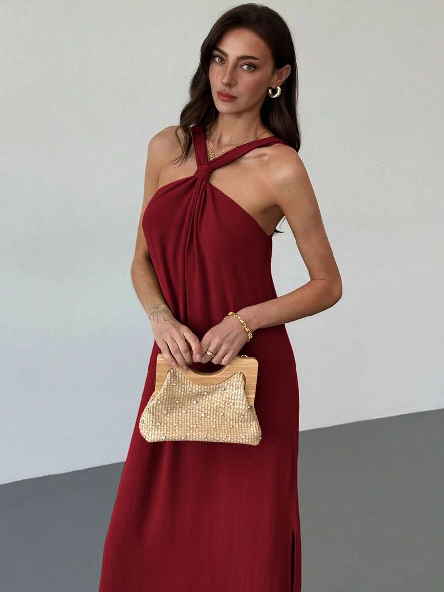 Aloruh Sleeveless A-Line Dress For Women, Apricot Color, Suitable For Spring/Summer Vacation - Burgundy - View 1
