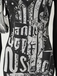 Jeanoix 女士印花V领长袖休闲连衣裙 - 黑色 - 查看 4