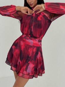 Aloruh 女士秋冬新款长袖修身A字伞裙，适合年轻休闲/约会/外出/教师穿着，浪漫紫色扎染网纱印花立领系腰连衣裙 - 酒紅色 - 查看 1