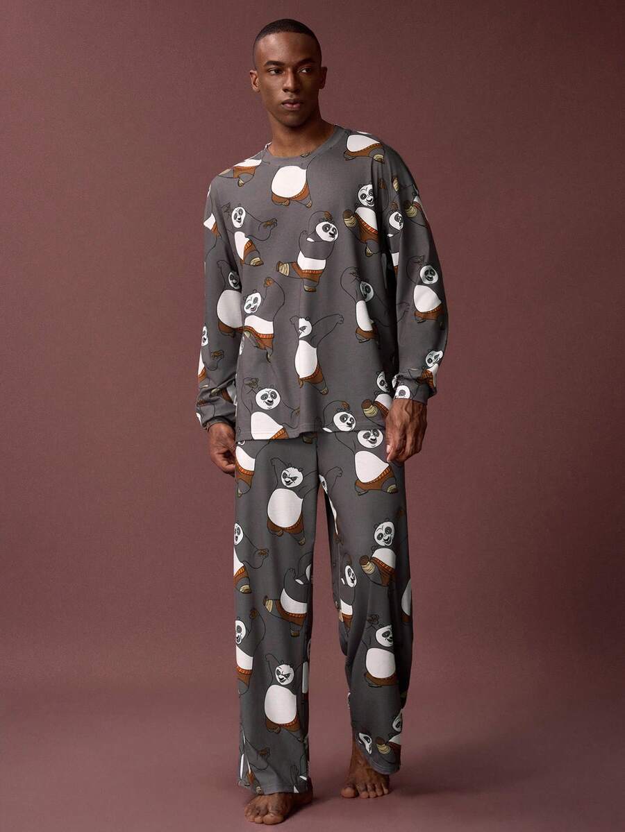 SHEIN Kung Fu Panda Men's Cartoon Pattern Themed Long Sleeve Top And Pants Loungewear Set - Dark Grey - View 1